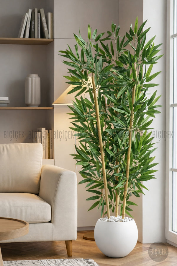 125cm Yapay Bambu Ağaci Beyaz Küre Saksıda