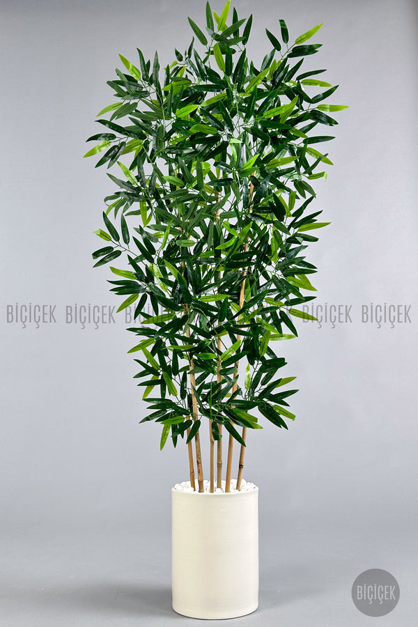 Yapay Bambu Ağacı 6 Dallı 150 Cm Yoğun Yapraklı Metal Saksı - Krem