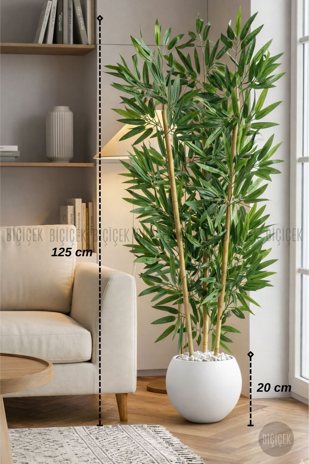 125cm Yapay Bambu Ağaci Beyaz Küre Saksıda