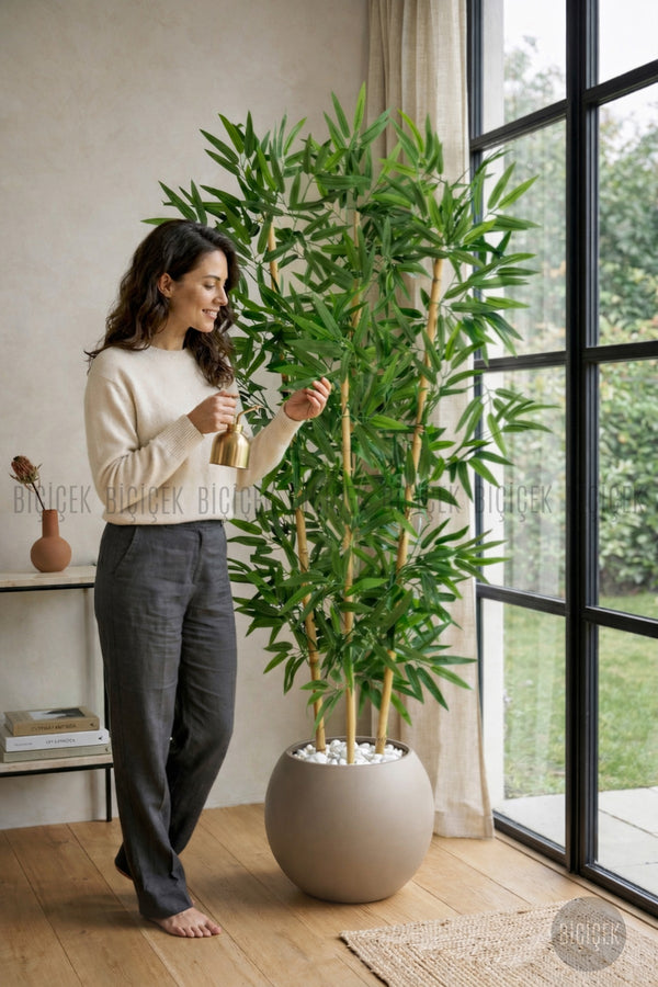 Yapay Bambu Ağacı 160 Cm Mocha Küre Saksıda
