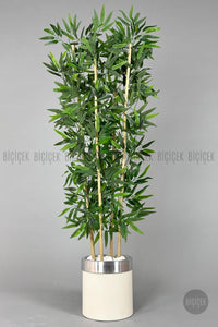 Yapay Bambu Ağacı 140cm Krem Gümüş Metal Saksıda