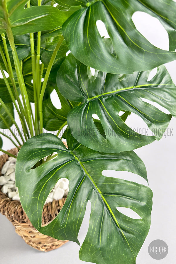Yapay Monstera Deve Tabani 65 Cm Demir Destekli Kulpsuz Hasir Saksıda