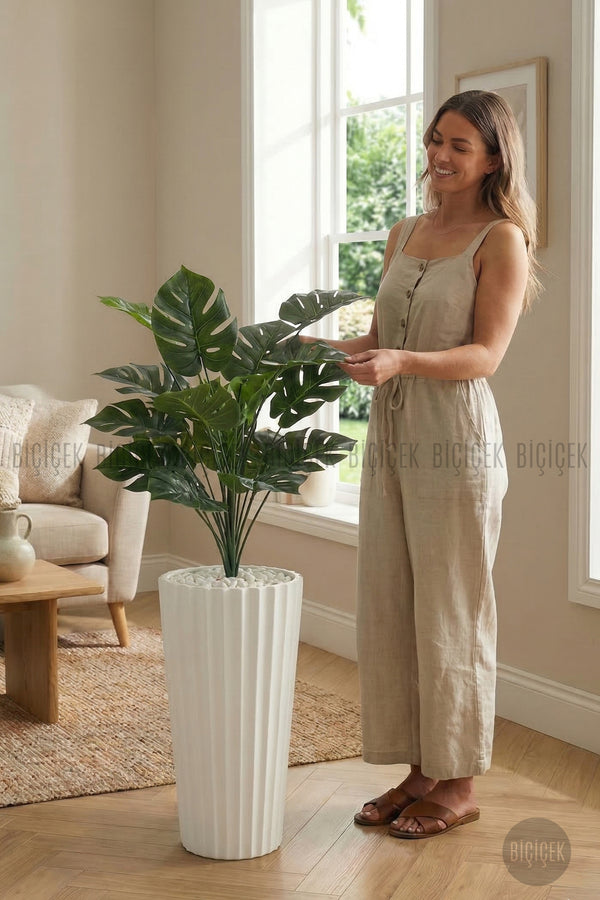 Yapay Monstera Deve Tabani Bitkisi 130 Cm Beyaz Lilyum Saksıda