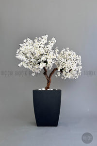 Yapay Beyaz Sakura Ağacı 100 Cm Bahar Dalı Antresit Kare Saksıda