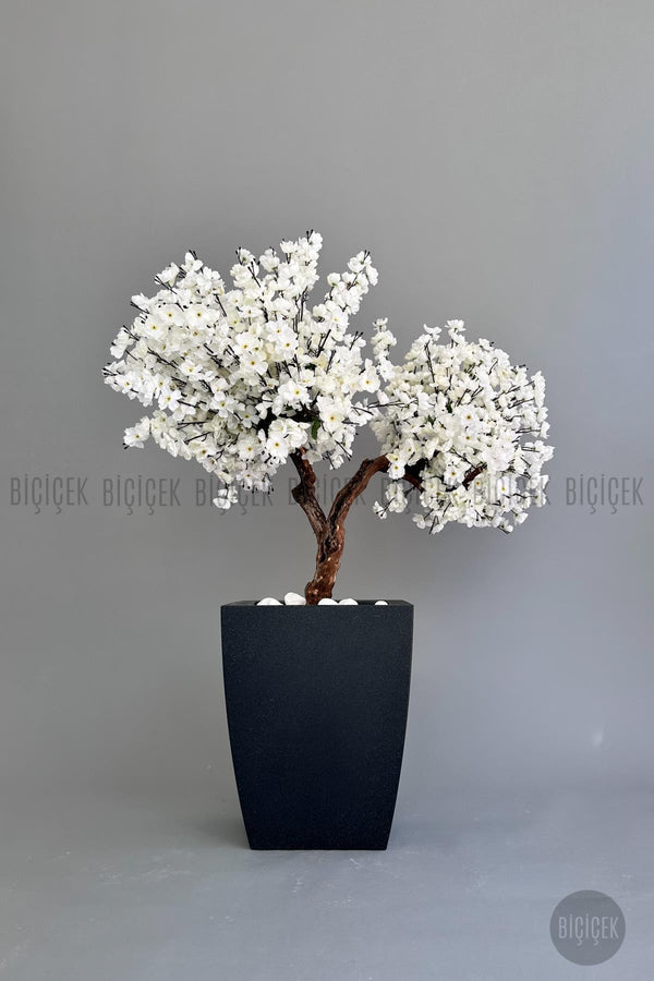 Yapay Beyaz Sakura Ağacı 100 Cm Bahar Dalı Antresit Kare Saksıda