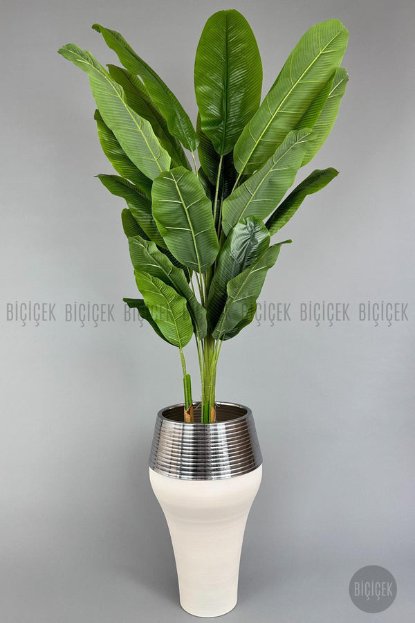 Yapay Starli̇ce 230 Cm Bambu Gövdeli̇ 22 Yapraklı Krem Gümüş Cleopatra Saksıda