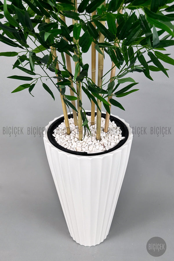 Yapay Bambu Ağacı 6 Dallı Yoğun Yapraklı 220 Cm Beyaz Lilyum Saksıda