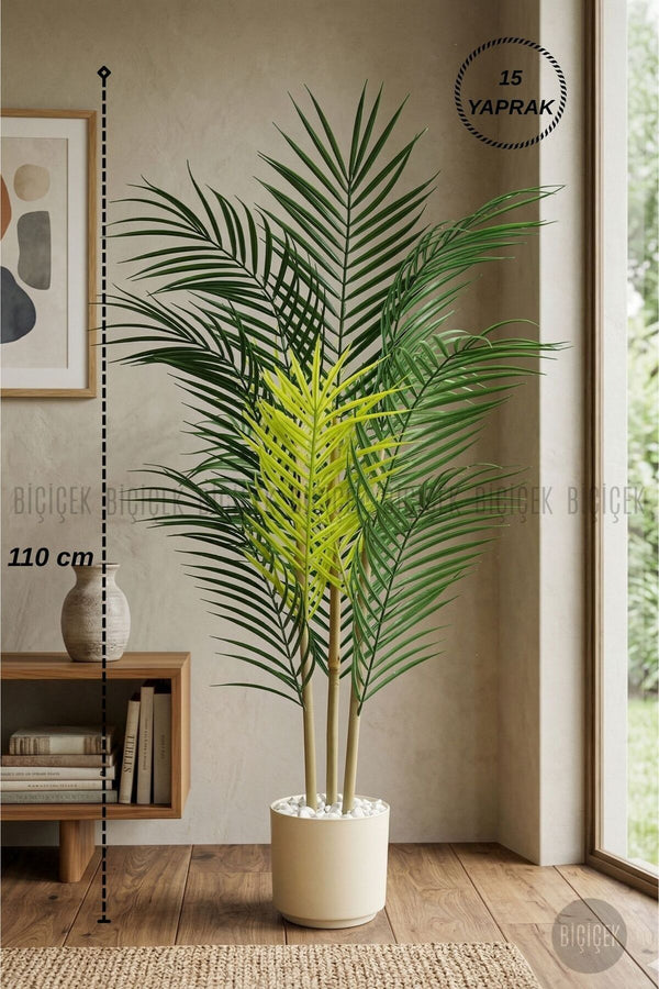 Yapay Areka Ağacı 110 Cm 15 Yapraklı Saksıda - Krem