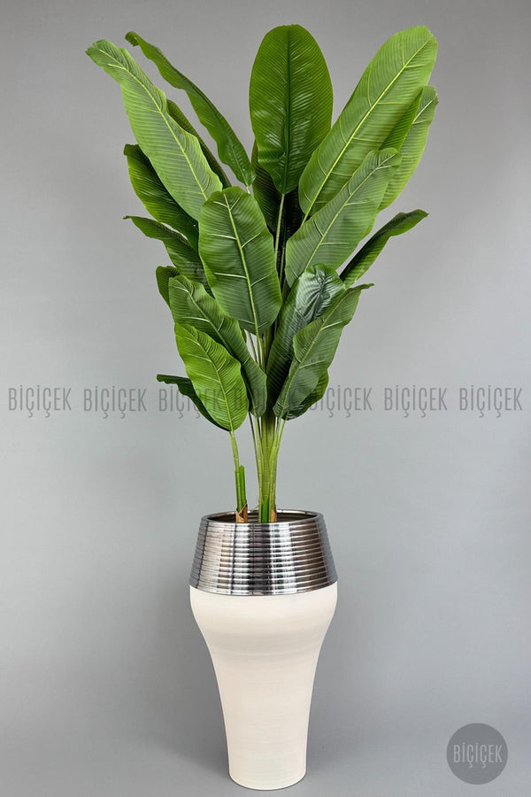 Yapay Starli̇ce 230 Cm Bambu Gövdeli̇ 22 Yapraklı Krem Gümüş Cleopatra Saksıda