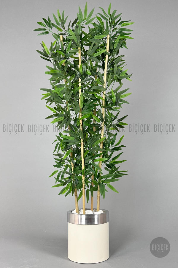 Yapay Bambu Ağacı 140cm Krem Gümüş Metal Saksıda