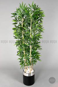 Yapay Bambu Ağacı 140cm Siyah Gümüş Metal Saksıda