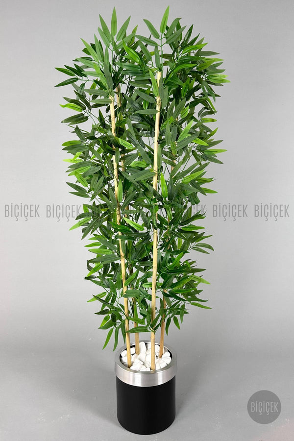 Yapay Bambu Ağacı 140cm Siyah Gümüş Metal Saksıda