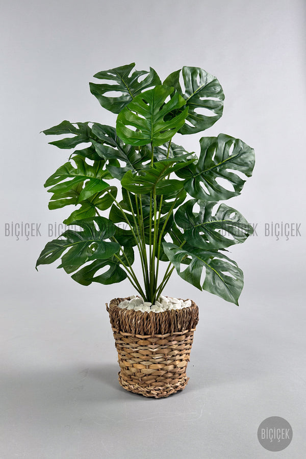Yapay Monstera Deve Tabani 65 Cm Demir Destekli Kulpsuz Hasir Saksıda