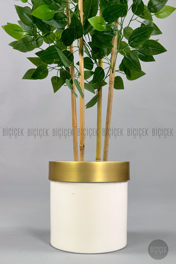 Yapay Benjamin Ağacı 140cm Krem Gold Metal Saksıda