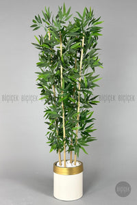 Yapay Bambu Ağacı 140cm Krem Gold Metal Saksıda