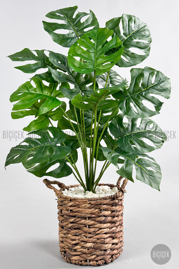 Yapay Monstera Deve Tabani 65 Cm Demir Destekli Kulplu Hasir Saksıda