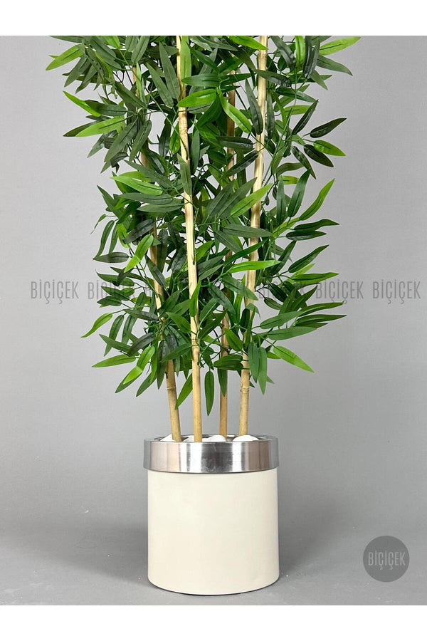Yapay Bambu Ağacı 140cm Krem Gümüş Metal Saksıda
