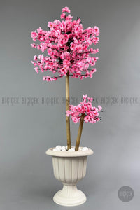 Yapay Pembe Sakura Ağacı 125 Bahar Dalı Krem Nergis Saksıda