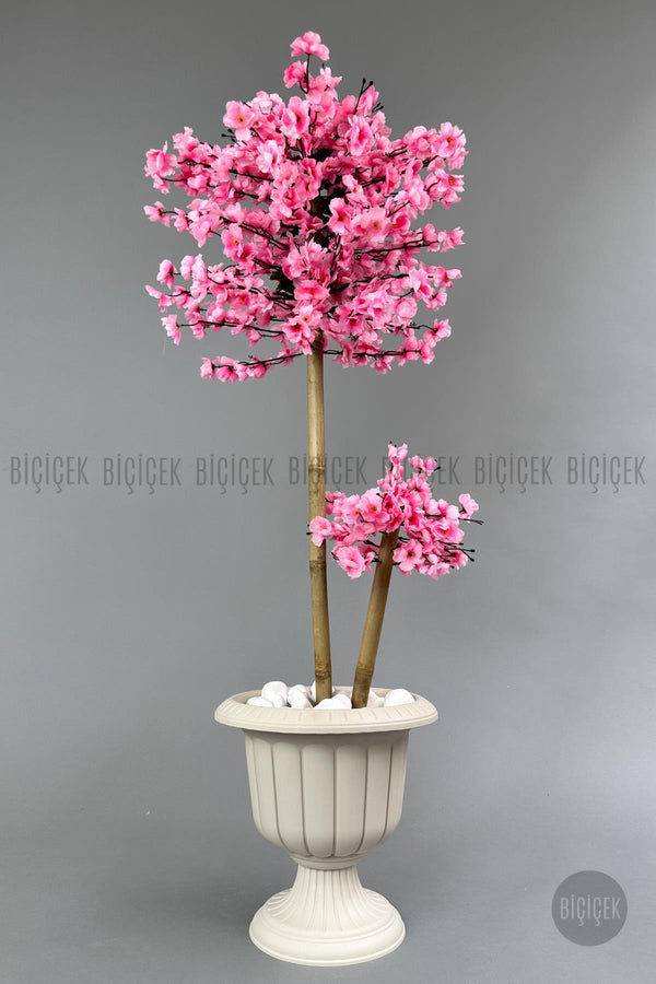 Yapay Pembe Sakura Ağacı 125 Bahar Dalı Krem Nergis Saksıda