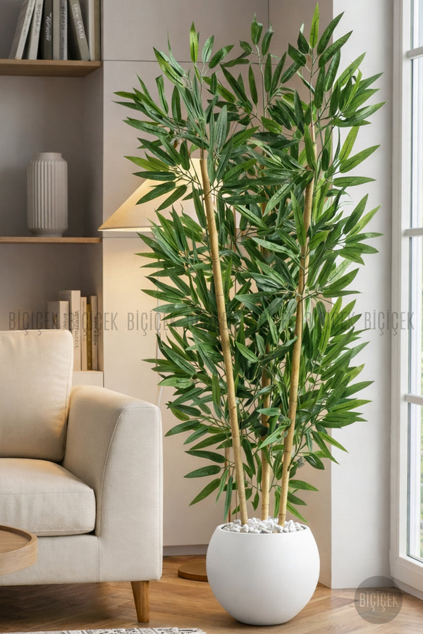 125cm Yapay Bambu Ağaci Beyaz Küre Saksıda