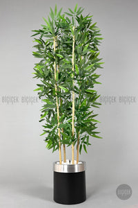 Yapay Bambu Ağacı 140cm Siyah Gümüş Metal Saksıda