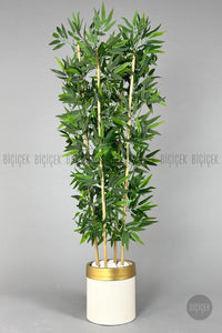 Yapay Bambu Ağacı 140cm Krem Gold Metal Saksıda