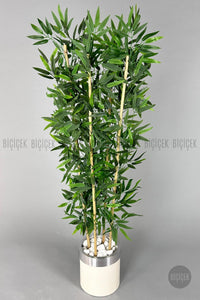 Yapay Bambu Ağacı 140cm Krem Gümüş Metal Saksıda