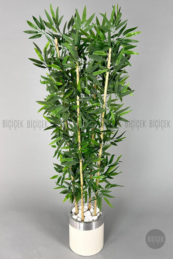 Yapay Bambu Ağacı 140cm Krem Gümüş Metal Saksıda