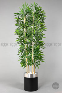 Yapay Bambu Ağacı 140cm Siyah Gümüş Metal Saksıda