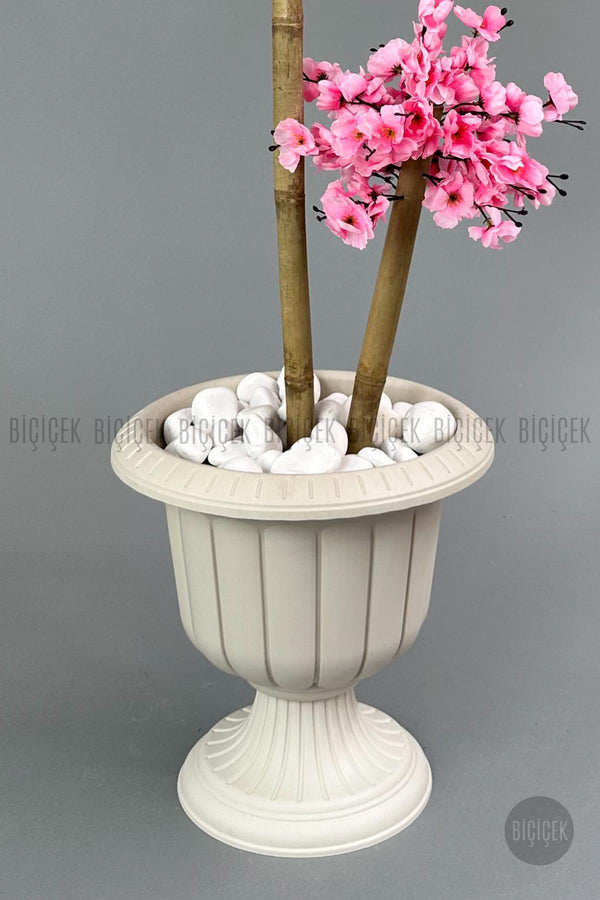 Yapay Pembe Sakura Ağacı 125 Bahar Dalı Krem Nergis Saksıda