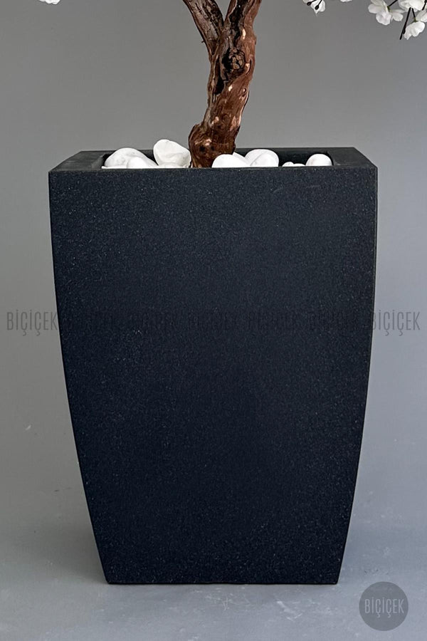 Yapay Beyaz Sakura Ağacı 100 Cm Bahar Dalı Antresit Kare Saksıda