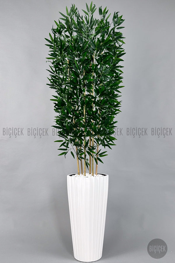 Yapay Bambu Ağacı 6 Dallı Yoğun Yapraklı 220 Cm Beyaz Lilyum Saksıda
