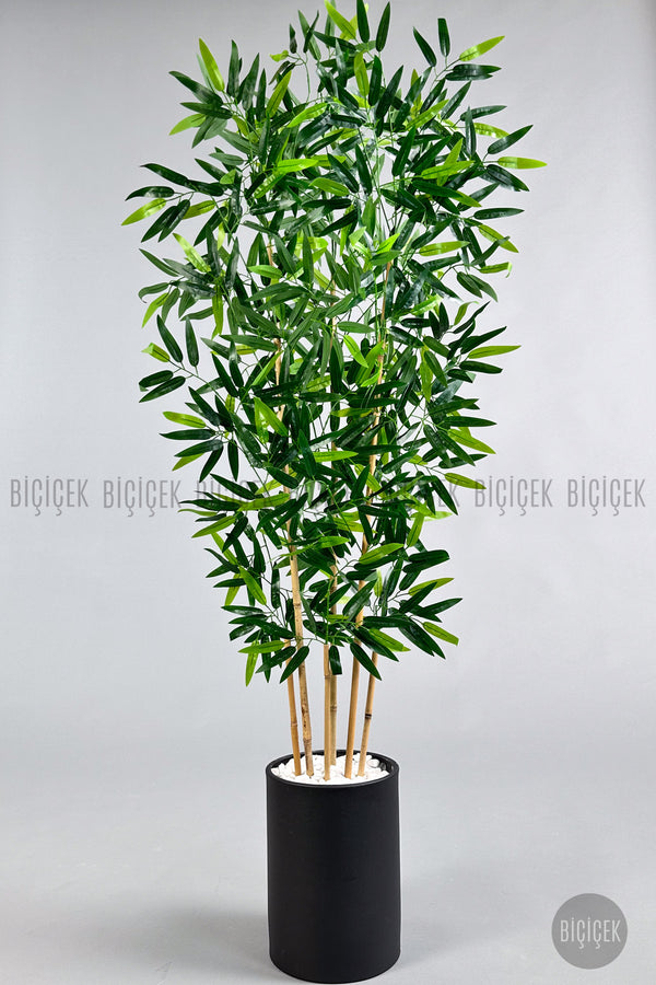 Yapay Bambu Ağacı 6 Dallı 150 Cm Yoğun Yapraklı Metal Krem Saksı
