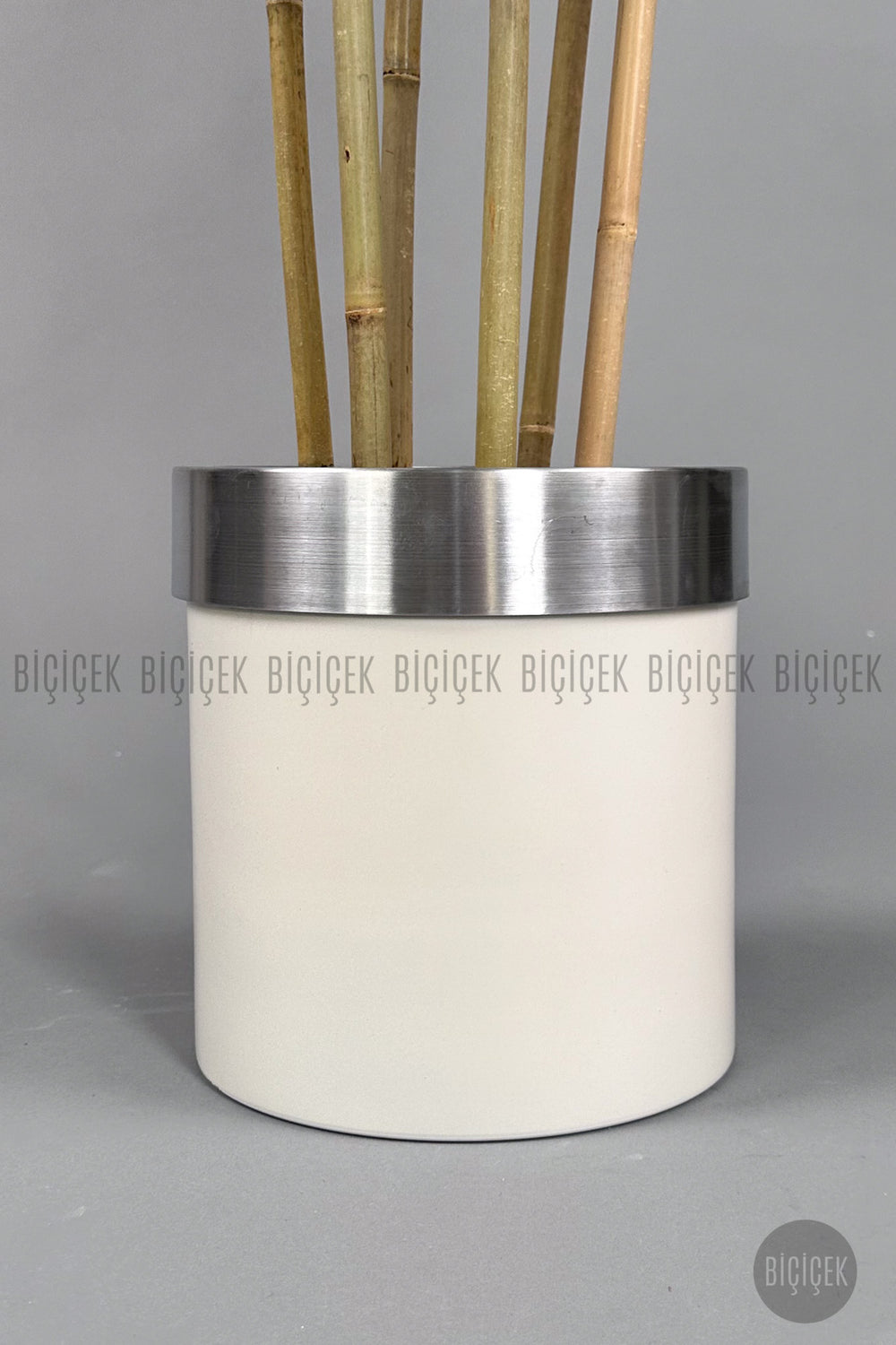 Yapay Bambu Ağacı 170cm Krem Silver Metal Saksıda