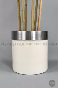 Yapay Bambu Ağacı 170cm Krem Silver Metal Saksıda