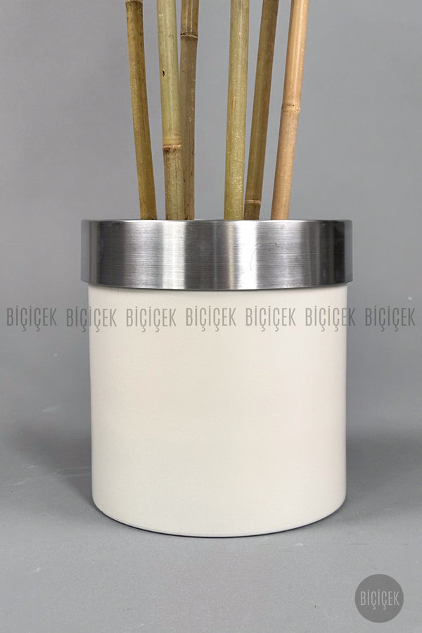 Yapay Bambu Ağacı 170cm Krem Silver Metal Saksıda