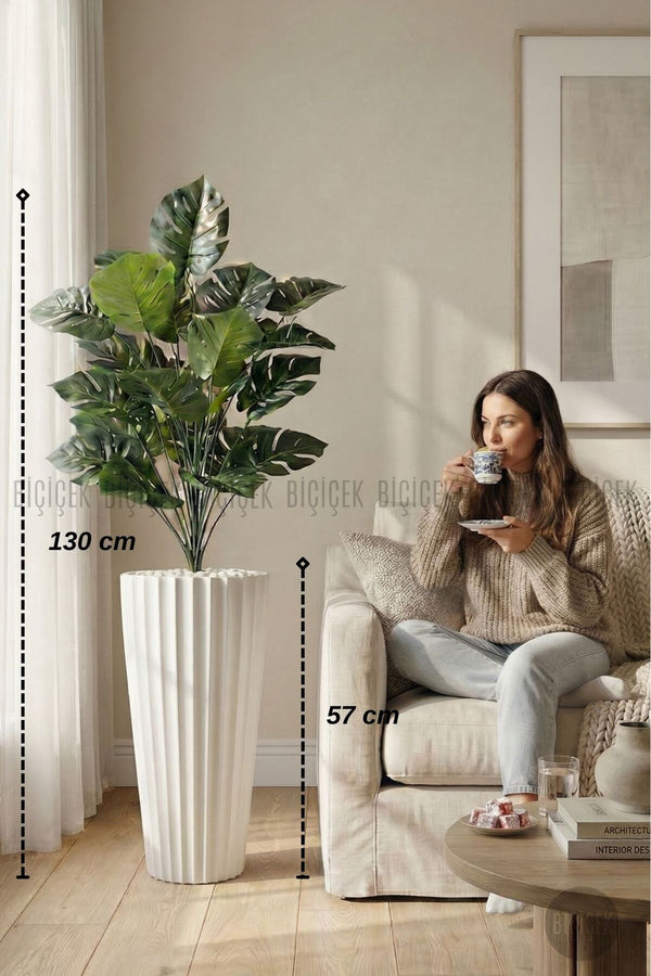 Yapay Monstera Deve Tabani Bitkisi 130 Cm Beyaz Lilyum Saksıda