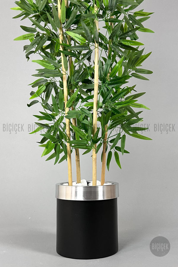 Yapay Bambu Ağacı 140cm Siyah Gümüş Metal Saksıda