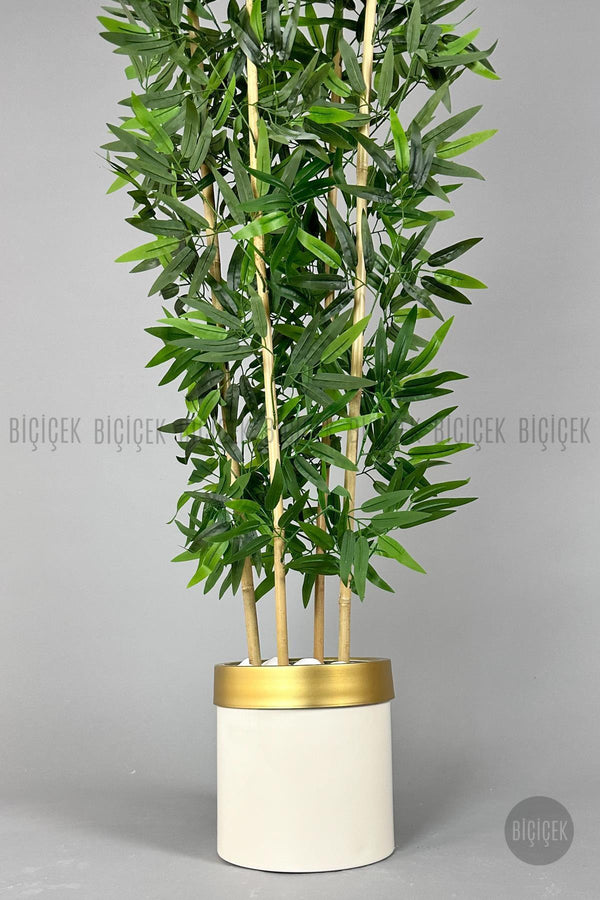 Yapay Bambu Ağacı 140cm Krem Gold Metal Saksıda