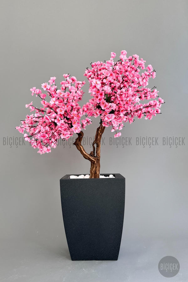 Yapay Pembe Sakura Ağacı 100 Cm Bahar Dalı Antresit Kare Saksıda