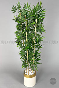 Yapay Bambu Ağacı 140cm Krem Gold Metal Saksıda