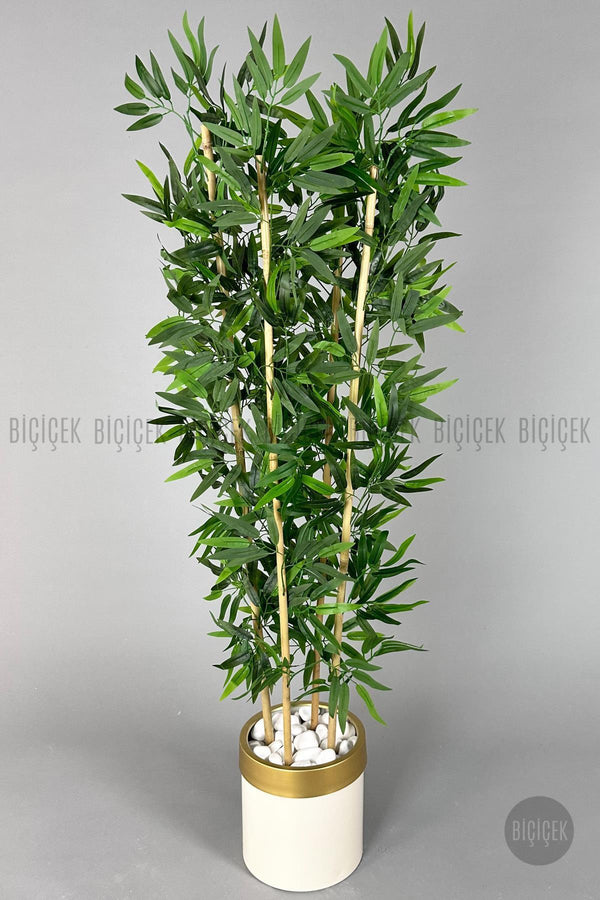 Yapay Bambu Ağacı 140cm Krem Gold Metal Saksıda