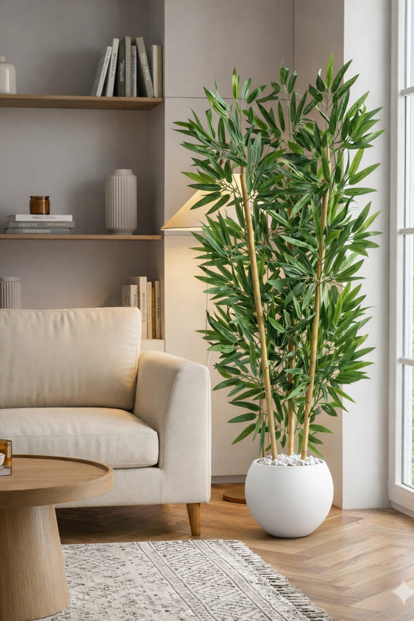 125cm Yapay Bambu Ağaci Beyaz Küre Saksıda