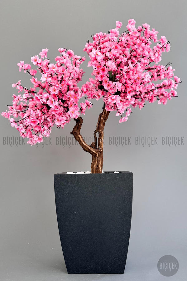 Yapay Pembe Sakura Ağacı 100 Cm Bahar Dalı Antresit Kare Saksıda