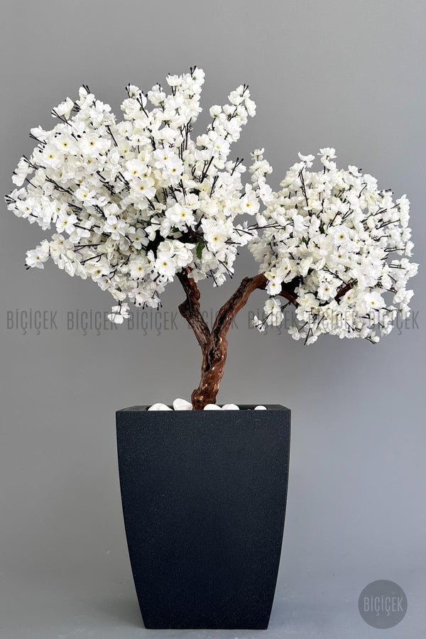 Yapay Beyaz Sakura Ağacı 100 Cm Bahar Dalı Antresit Kare Saksıda