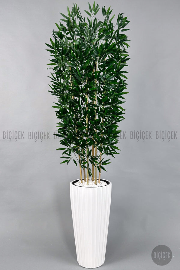 Yapay Bambu Ağacı 6 Dallı Yoğun Yapraklı 220 Cm Beyaz Lilyum Saksıda