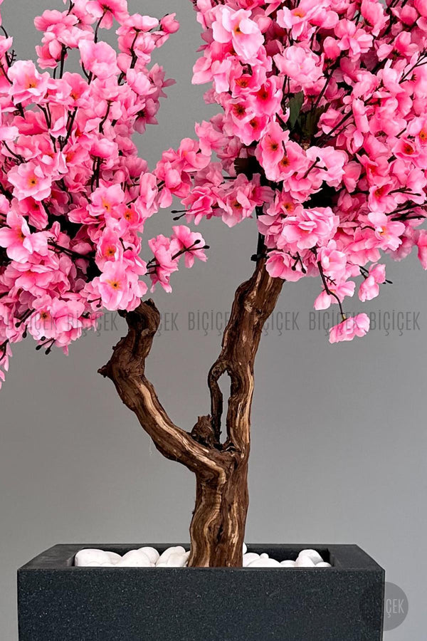 Yapay Pembe Sakura Ağacı 100 Cm Bahar Dalı Antresit Kare Saksıda
