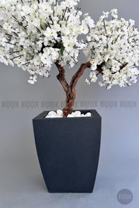 Yapay Beyaz Sakura Ağacı 100 Cm Bahar Dalı Antresit Kare Saksıda
