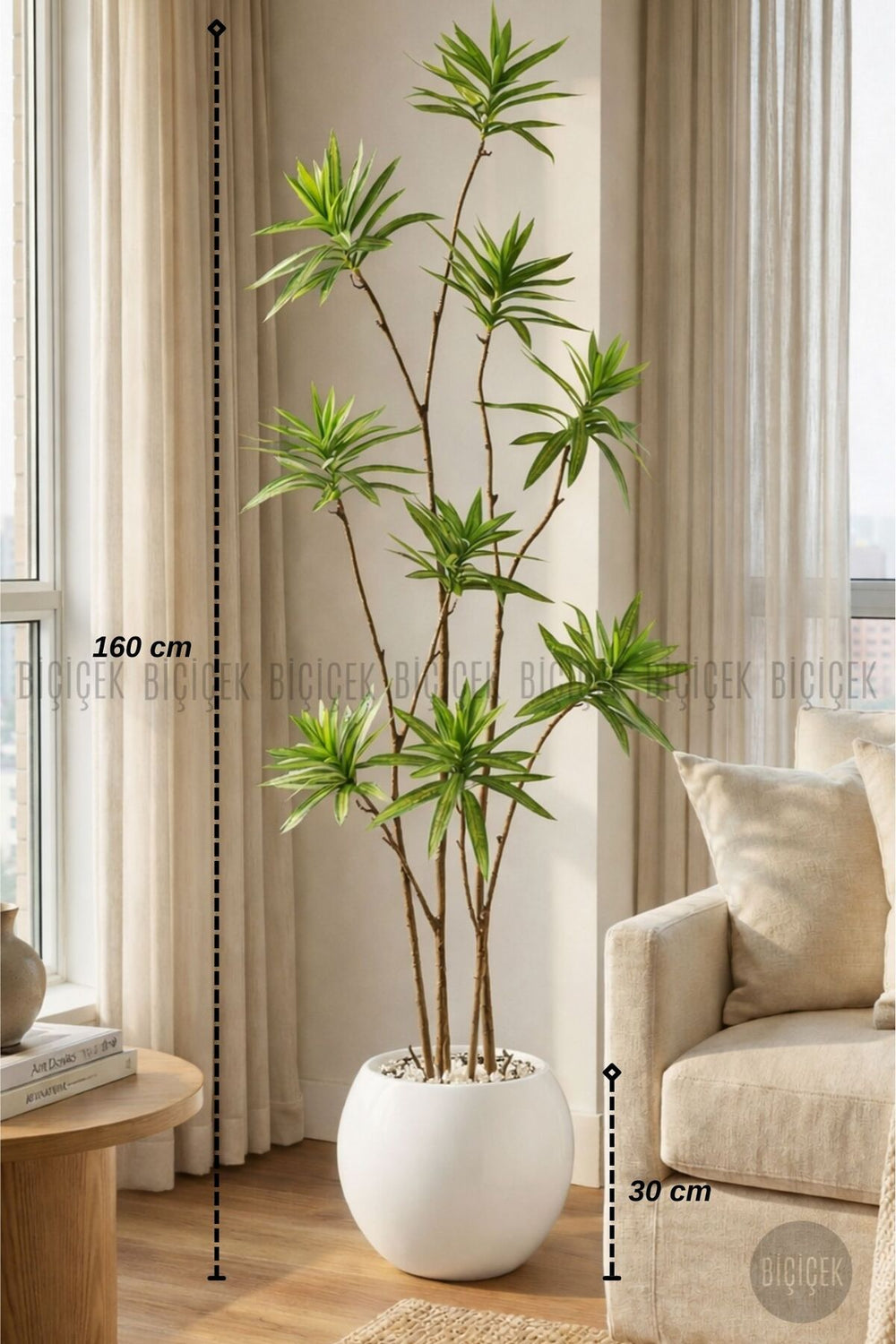 Yapay Dragon Bitkisi 160 Cm Küre Saksıda - Beyaz