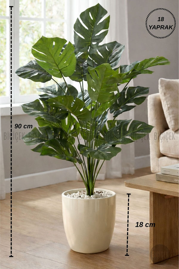 Yapay Monstera Deve Tabani 60 Cm Yakut Saksıda - Krem